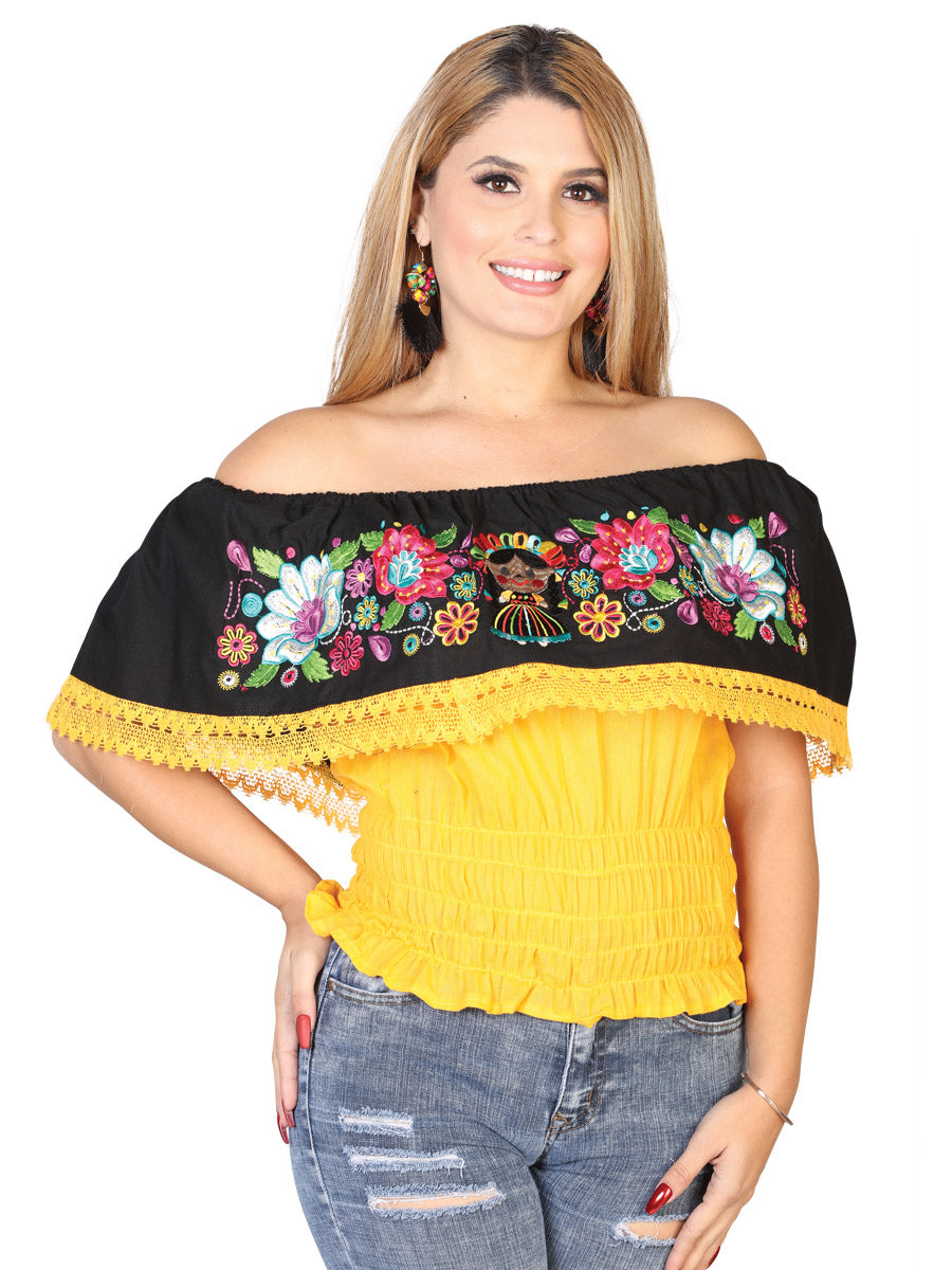 Blusa Artesanal de Olan Bordada de Flores y Muñeca Maria para Mujer Blusas Artesanales Mexico Artesanal Yellow