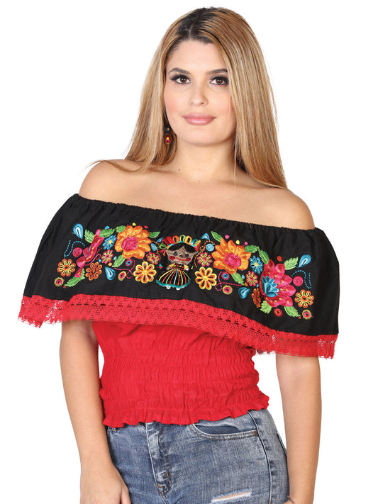 Blusa Artesanal de Olan Bordada de Flores y Muñeca Maria para Mujer Handmade Blouse Mexico Artesanal Red