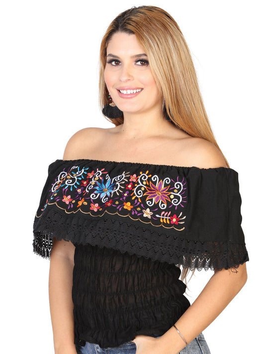 Blusa Artesanal de Olan Bordada de Flores para Mujer Handmade Blouse Mexico Artesanal Black