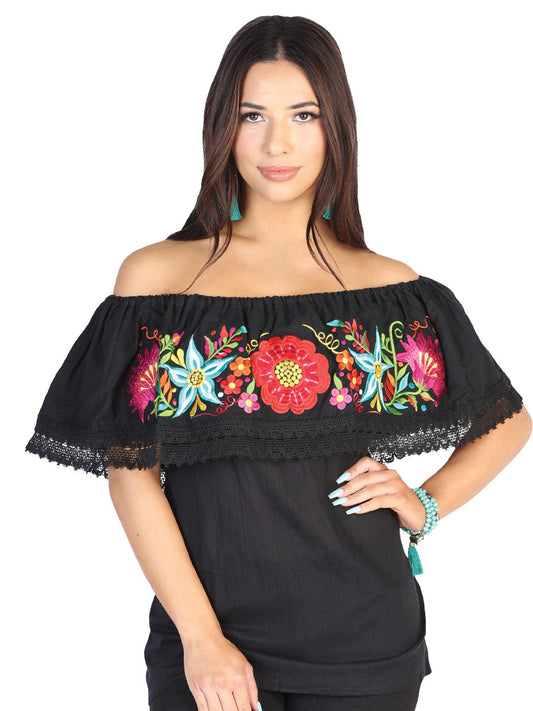 Blusa Artesanal de Olan Bordada de Flores para Mujer Blusas Artesanales Mexico Artesanal Black