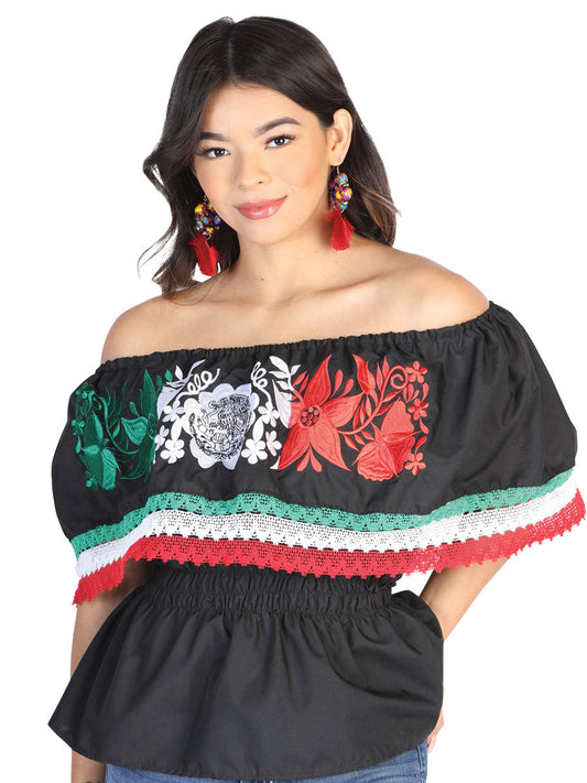 Blusa Artesanal de Olan Bordada Tricolor para Mujer Handmade Blouse Mexico Artesanal Black