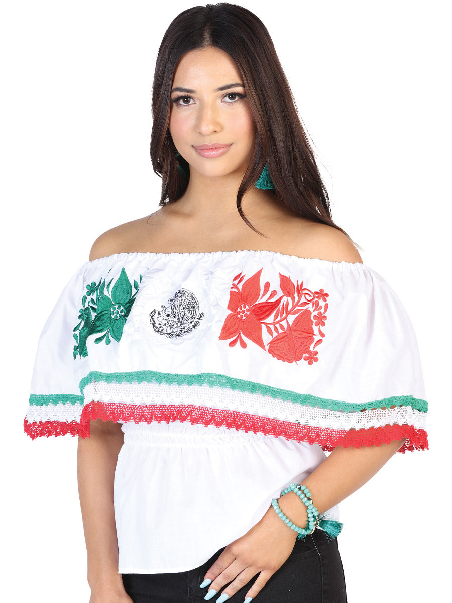 Blusa Artesanal de Olan Bordada Tricolor para Mujer Blusas Artesanales Mexico Artesanal White