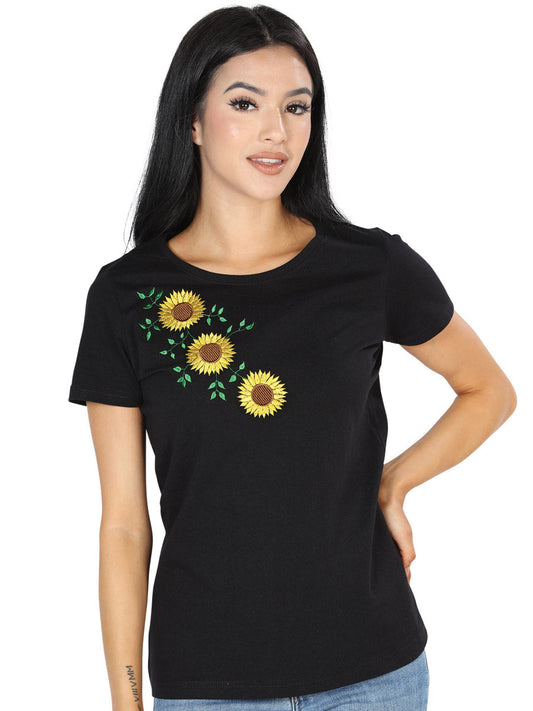 Playera Artesanal Cuello Redondo Bordada de Girasoles para Mujer Blusas Artesanales Mexico Artesanal Black