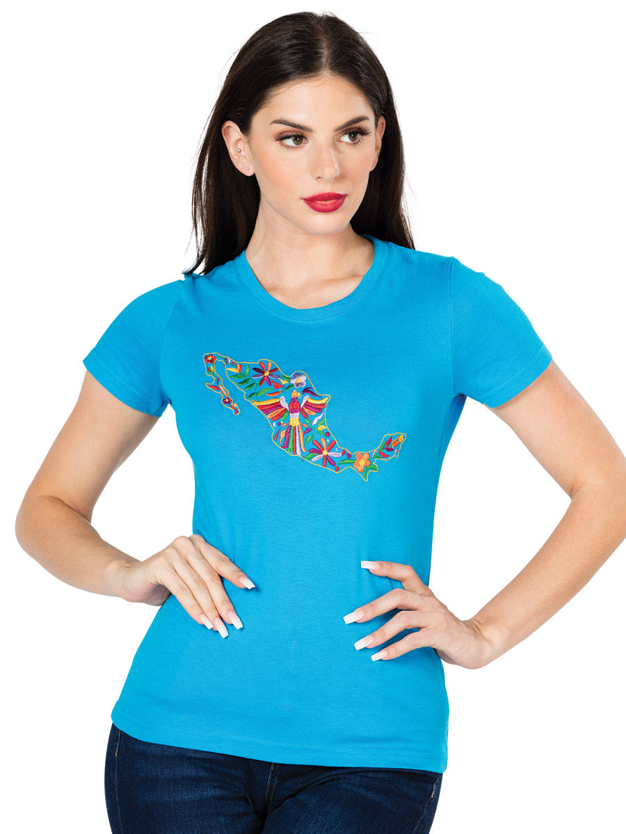 Playera Artesanal Cuello Redondo Bordada Mapa de Mexico para Mujer Blusas Artesanales Mexico Artesanal Turquoise