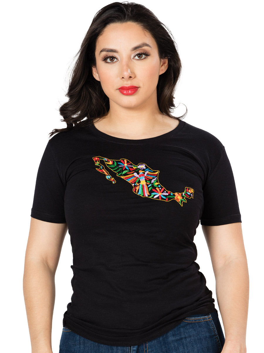 Playera Artesanal Cuello Redondo Bordada Mapa de Mexico para Mujer Blusas Artesanales Mexico Artesanal Black