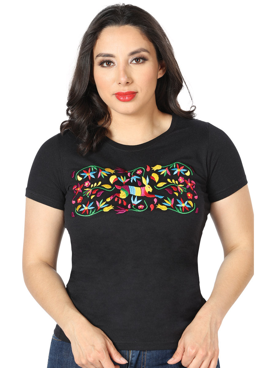 Playera Artesanal Cuello Redondo Bordada Conejo y Flores para Mujer Blusas Artesanales Mexico Artesanal Black