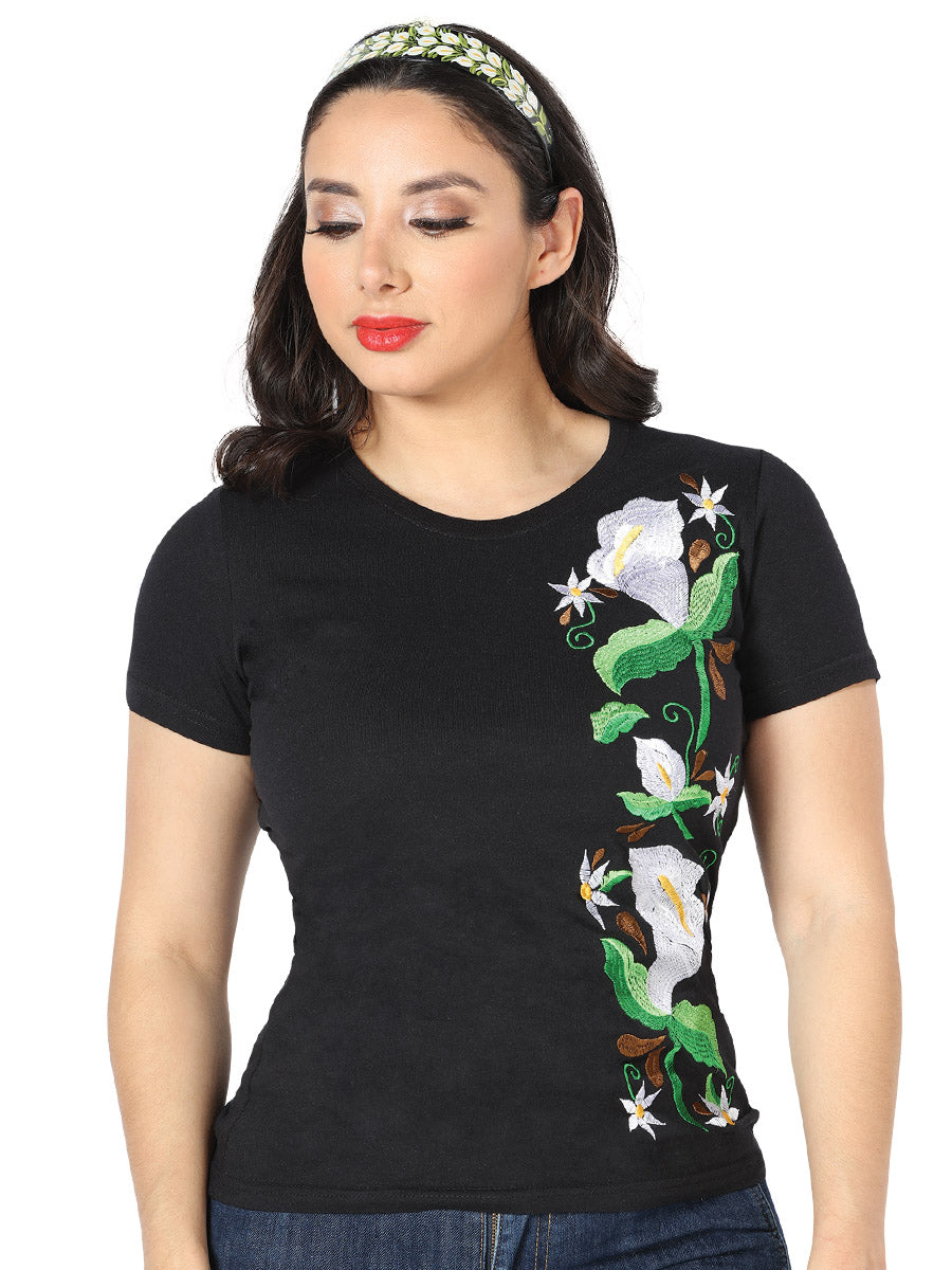 Playera Artesanal Cuello Redondo Bordada de Flores para Mujer Blusas Artesanales Mexico Artesanal Black