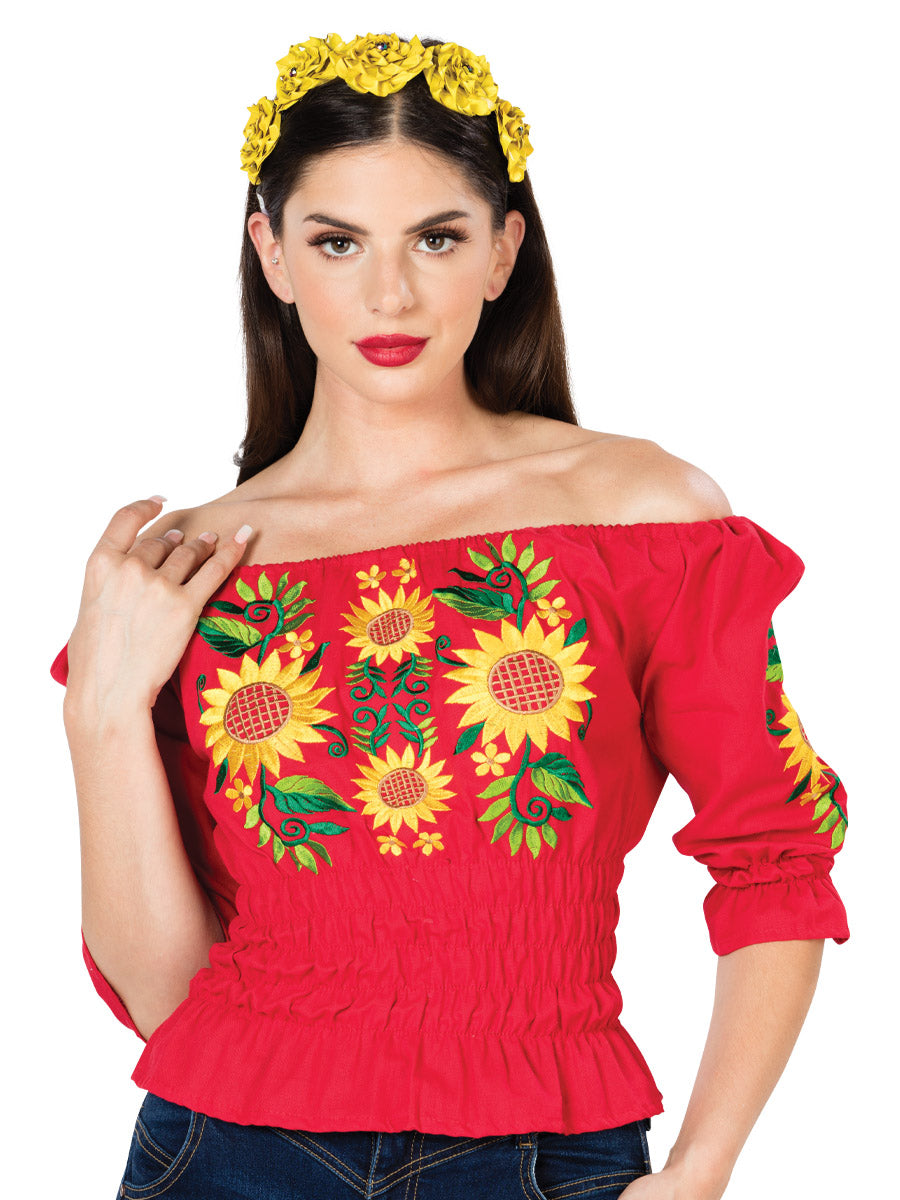 Blusa Artesanal Manga 3/4 Bordada de Girasoles para Mujer Blusas Artesanales Mexico Artesanal Red