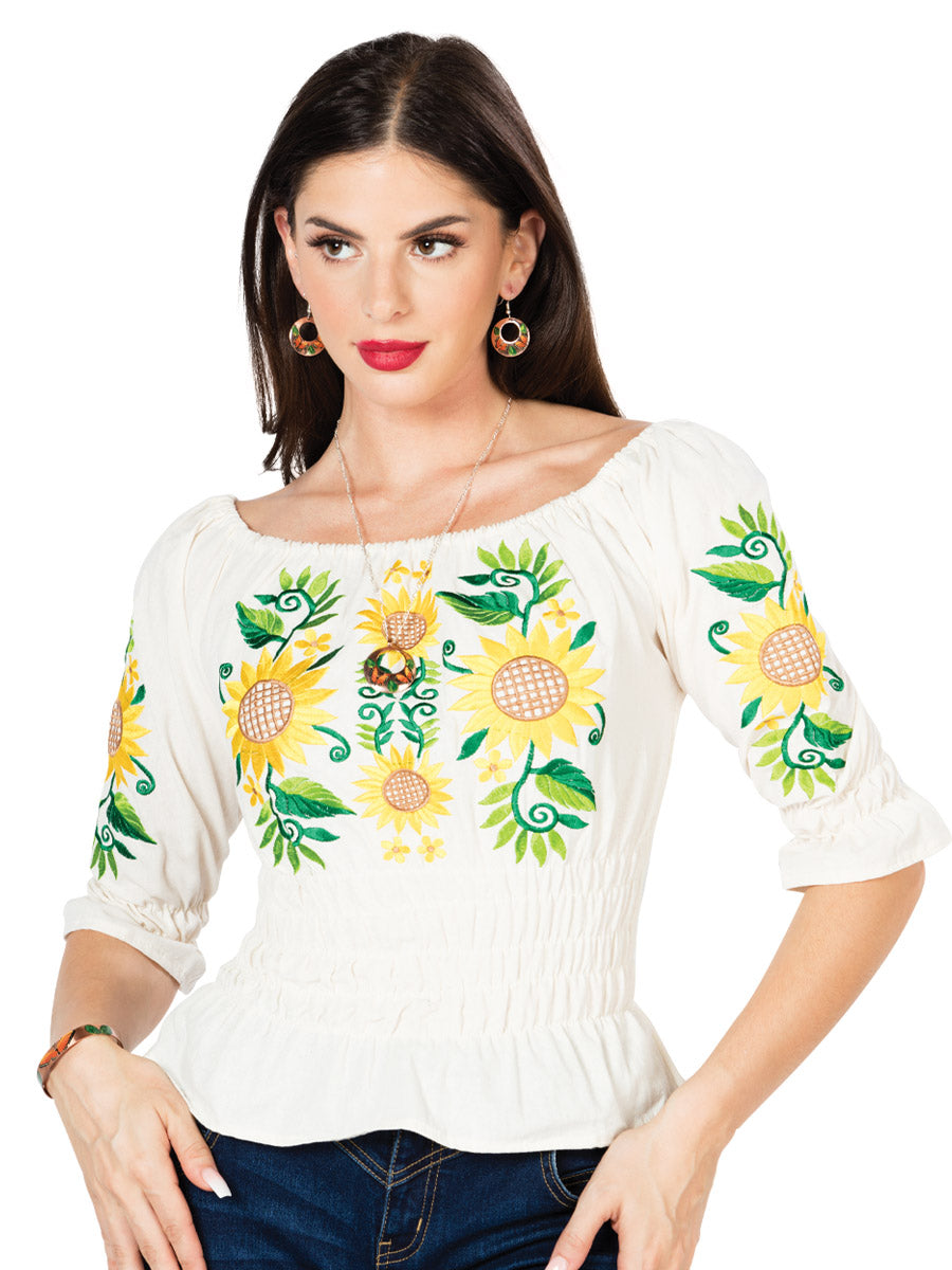 Blusa Artesanal Manga 3/4 Bordada de Girasoles para Mujer Blusas Artesanales Mexico Artesanal Beige