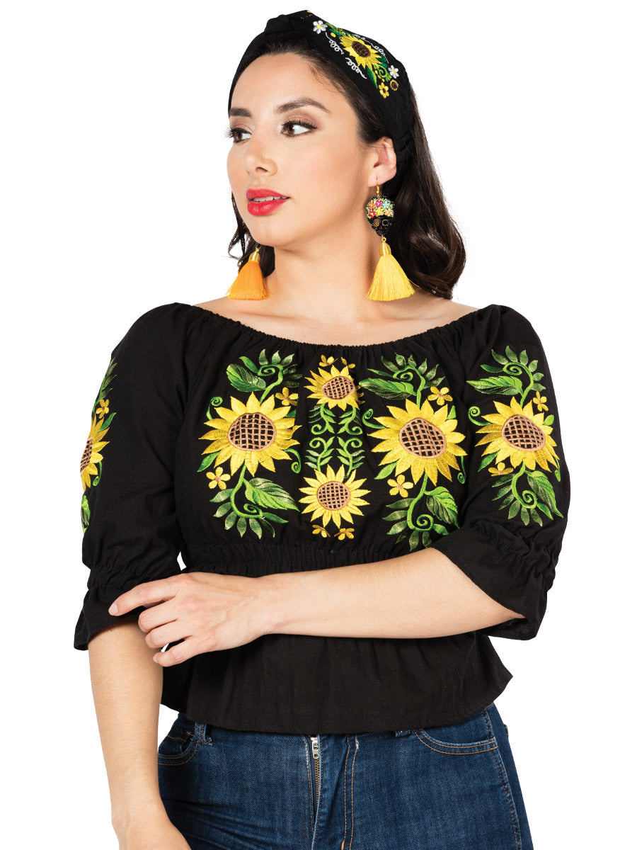 Blusa Artesanal Manga 3/4 Bordada de Girasoles para Mujer Blusas Artesanales Mexico Artesanal Black