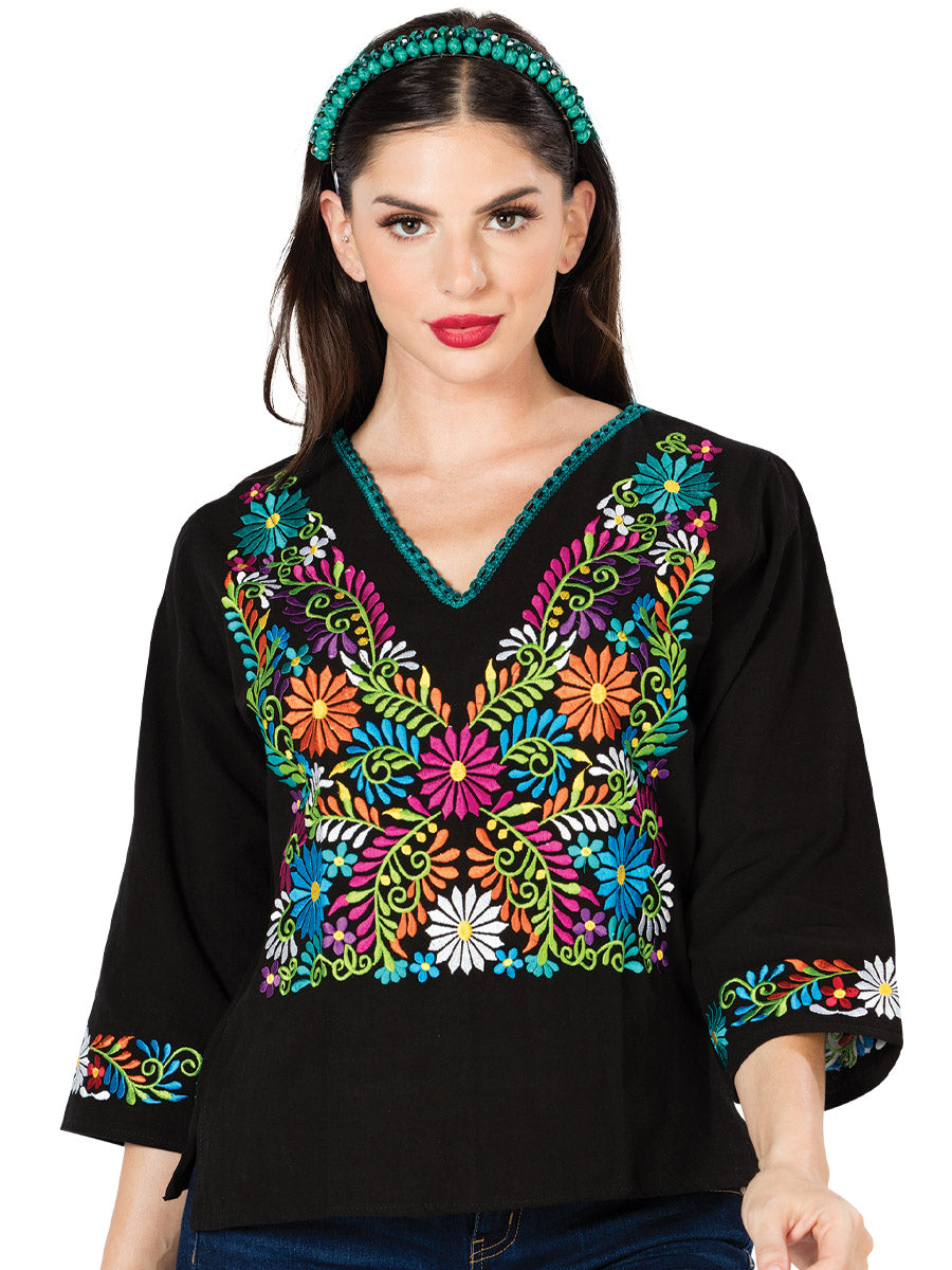 Blusa Artesanal Cuello V Bordada de Flores para Mujer Blusas Artesanales Mexico Artesanal Black