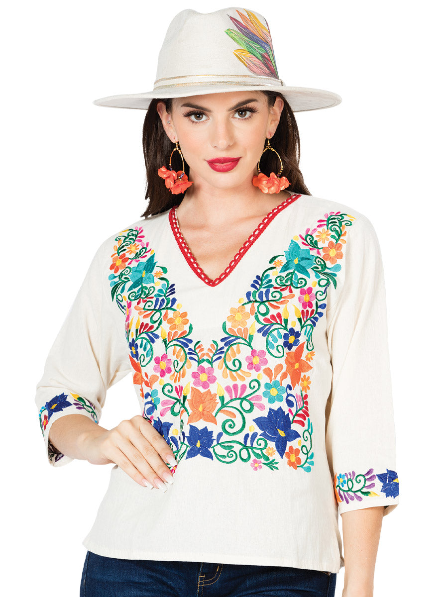 Blusa Artesanal Cuello V Bordada de Flores para Mujer Blusas Artesanales Mexico Artesanal Beige