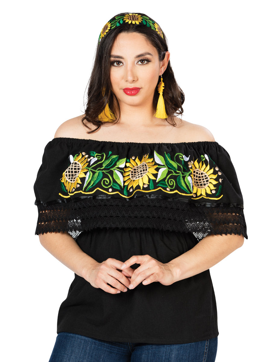 Blusa Artesanal de Olan Bordada de Girasoles para Mujer Blusas Artesanales Mexico Artesanal Black