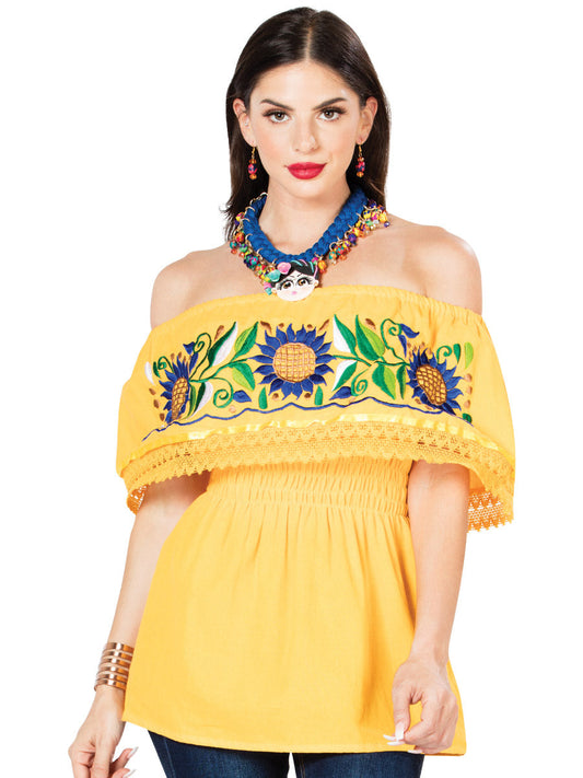 Blusa Artesanal de Olan Bordada de Girasoles para Mujer Handmade Blouse Mexico Artesanal Yellow
