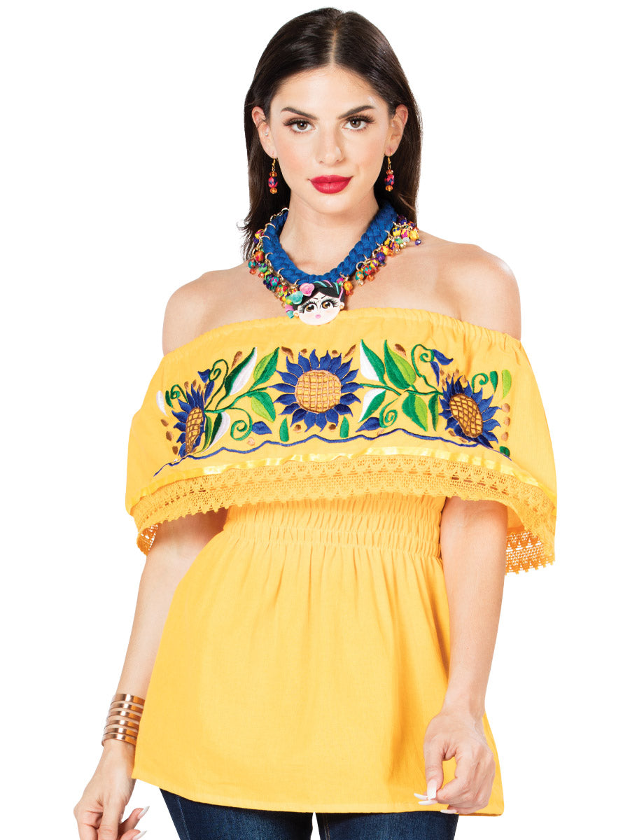 Blusa Artesanal de Olan Bordada de Girasoles para Mujer Blusas Artesanales Mexico Artesanal Yellow