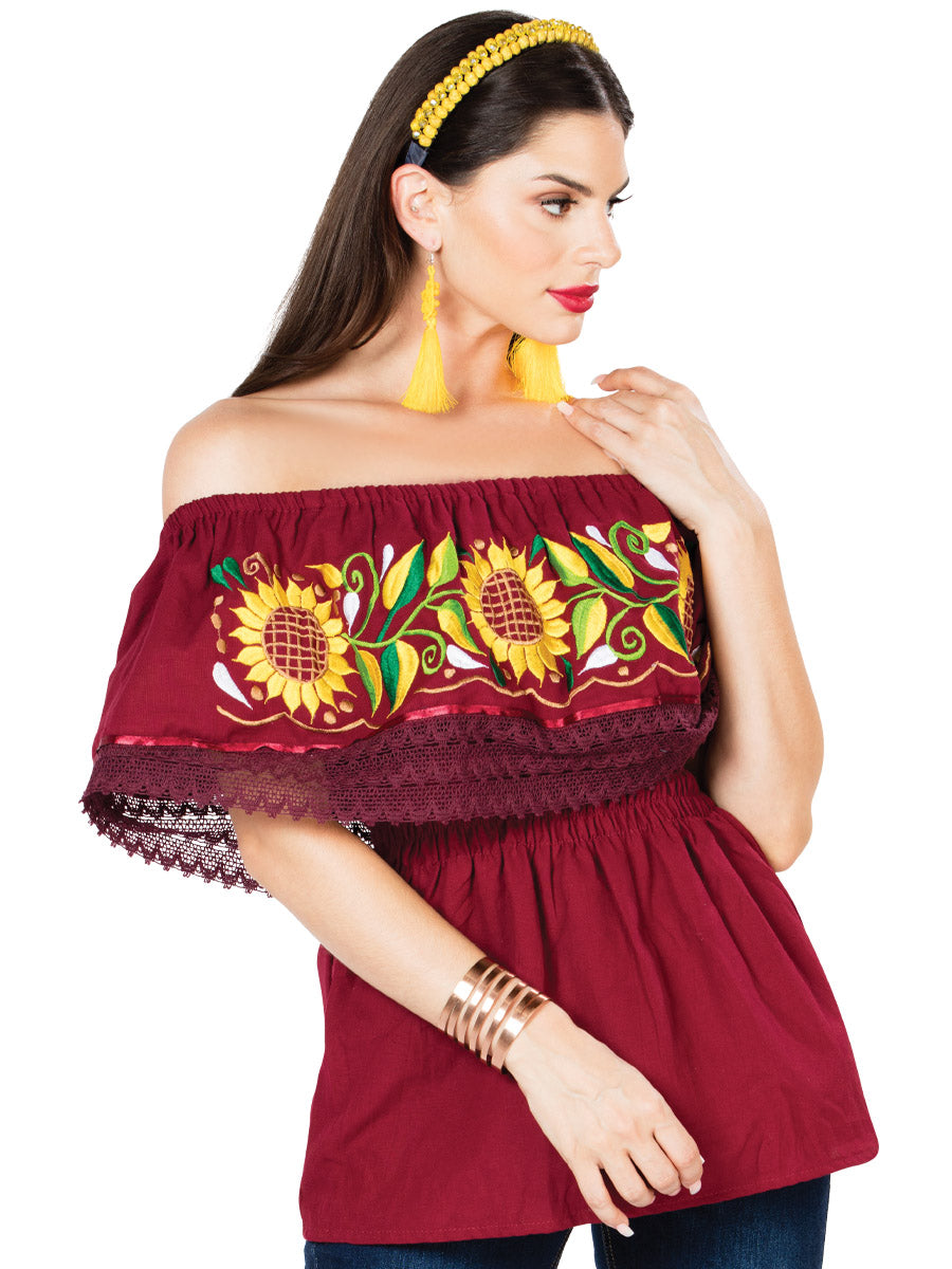 Blusa Artesanal de Olan Bordada de Girasoles para Mujer Blusas Artesanales Mexico Artesanal Wine