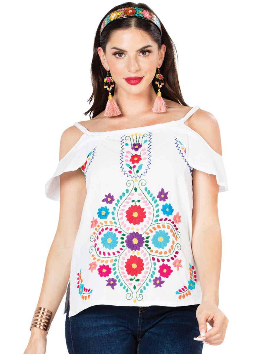 Blusa Artesanal de Hombros descubietos Bordada de Flores para Mujer Blusas Artesanales Mexico Artesanal White