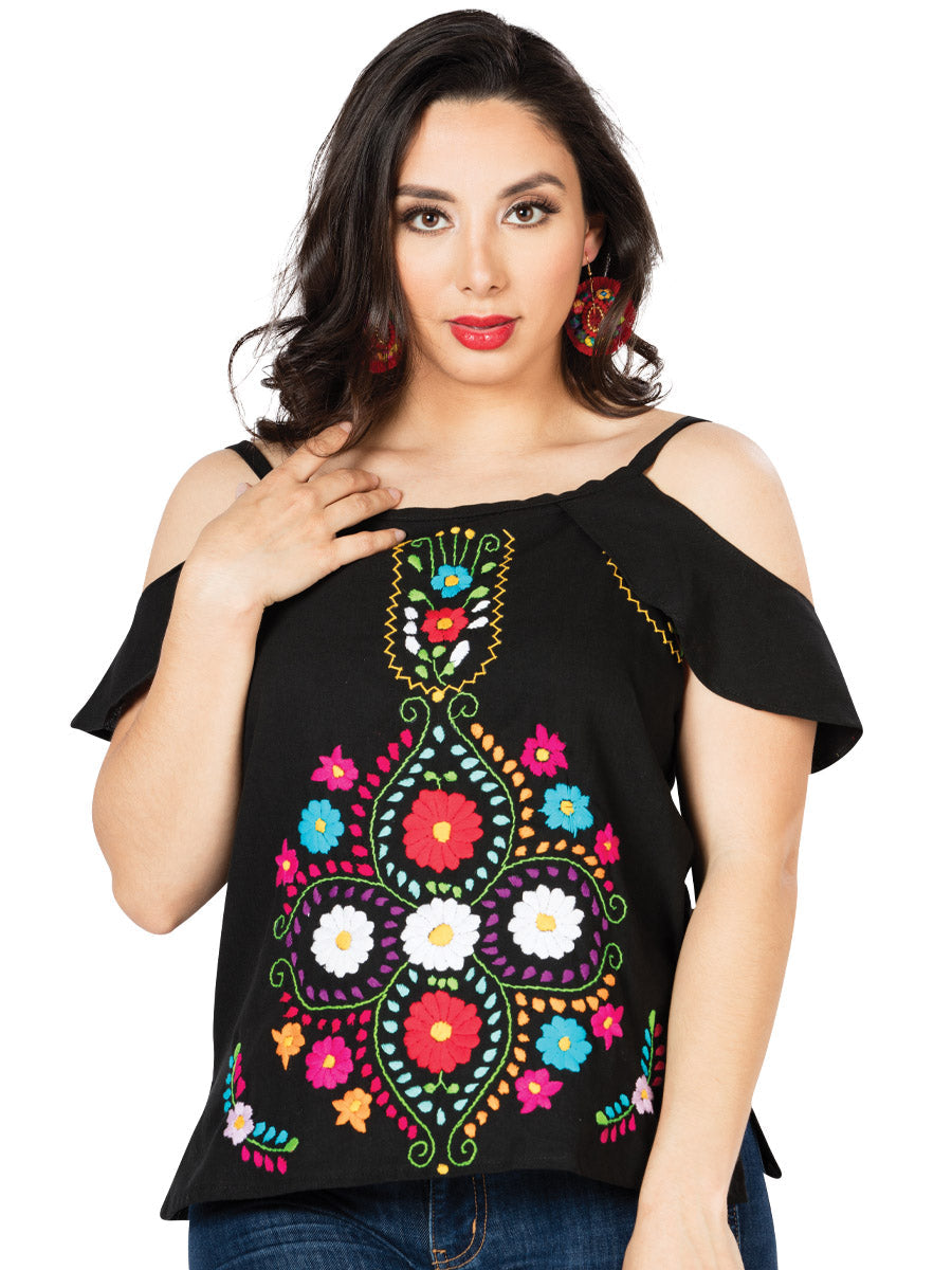 Blusa Artesanal de Hombros descubietos Bordada de Flores para Mujer Blusas Artesanales Mexico Artesanal Black