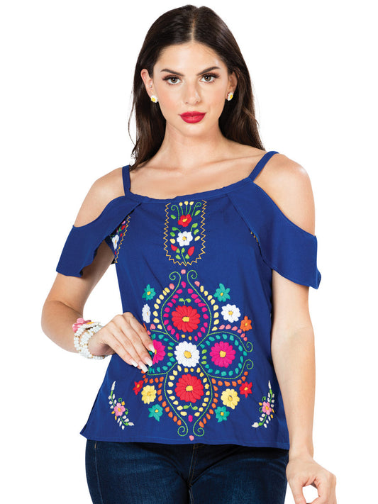 Blusa Artesanal de Hombros descubietos Bordada de Flores para Mujer Handmade Blouse Mexico Artesanal Blue