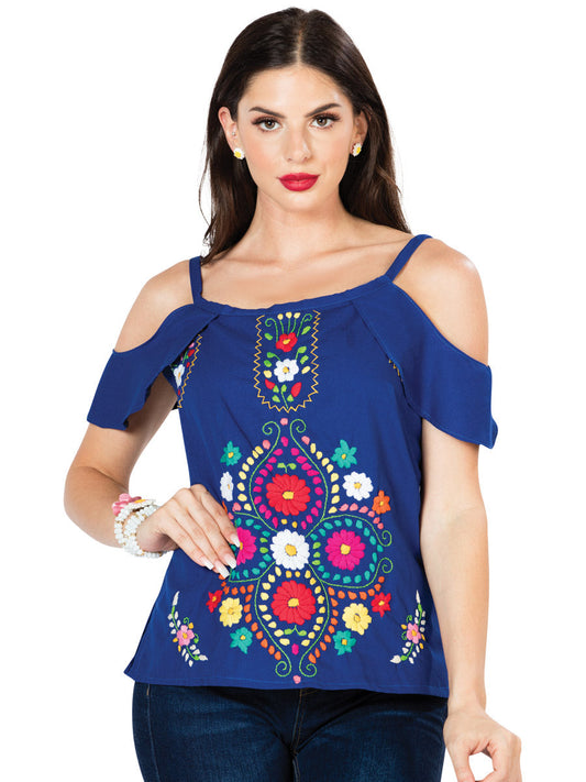 Blusa Artesanal de Hombros descubietos Bordada de Flores para Mujer Blusas Artesanales Mexico Artesanal Blue