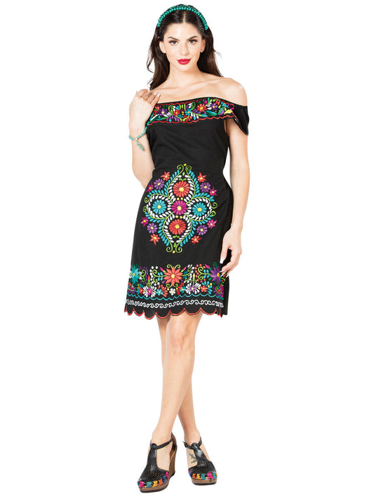 Vestido Artesanal Bordado de Flores para Mujer Handmade Dress Mexico Artesanal Black