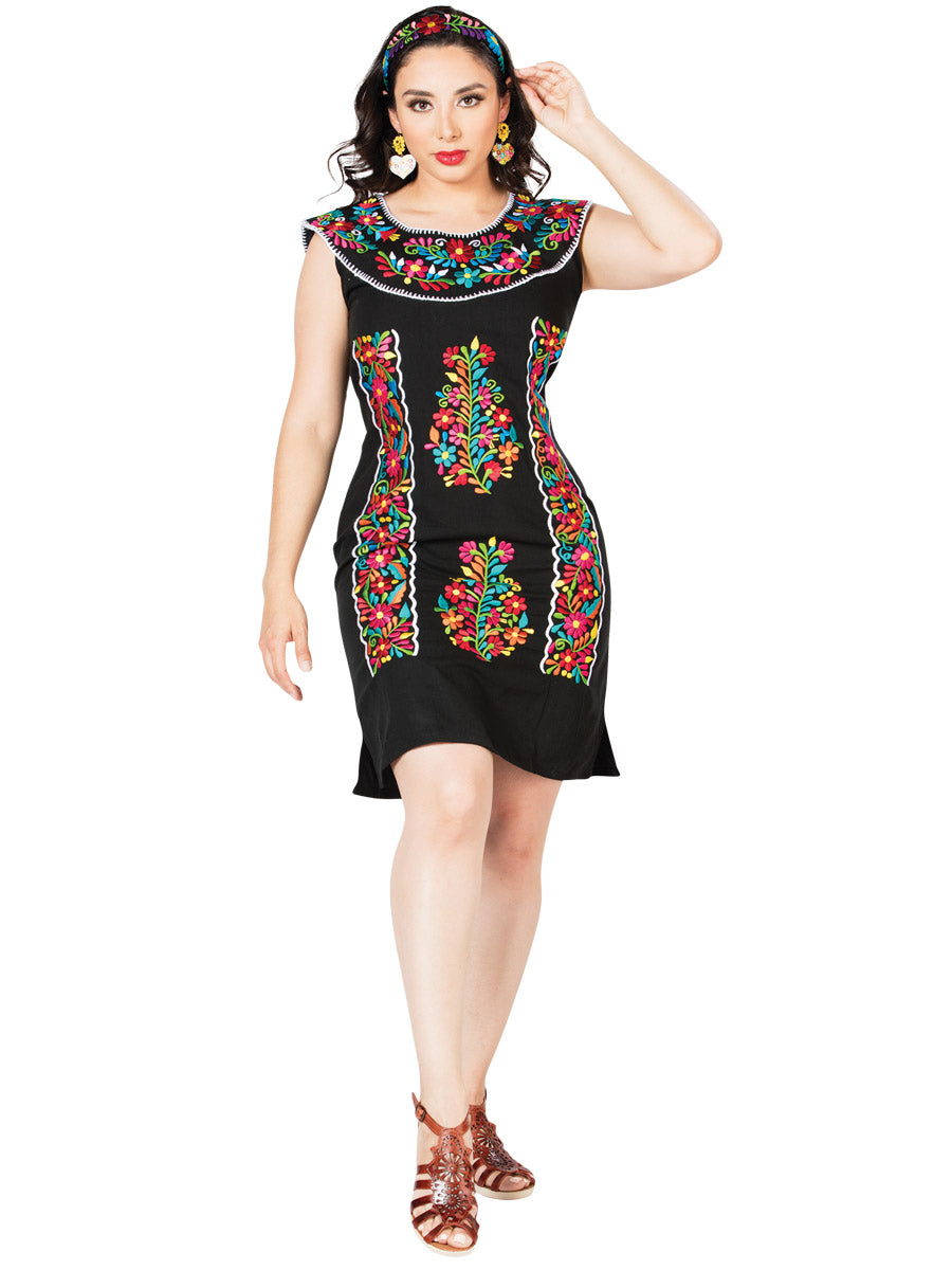Vestido Artesanal Bordado de Flores para Mujer Handmade Dress Mexico Artesanal Black
