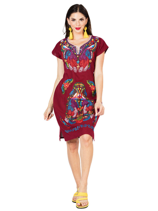 Vestido Artesanal Bordado de Flores para Mujer Handmade Dress Mexico Artesanal Wine