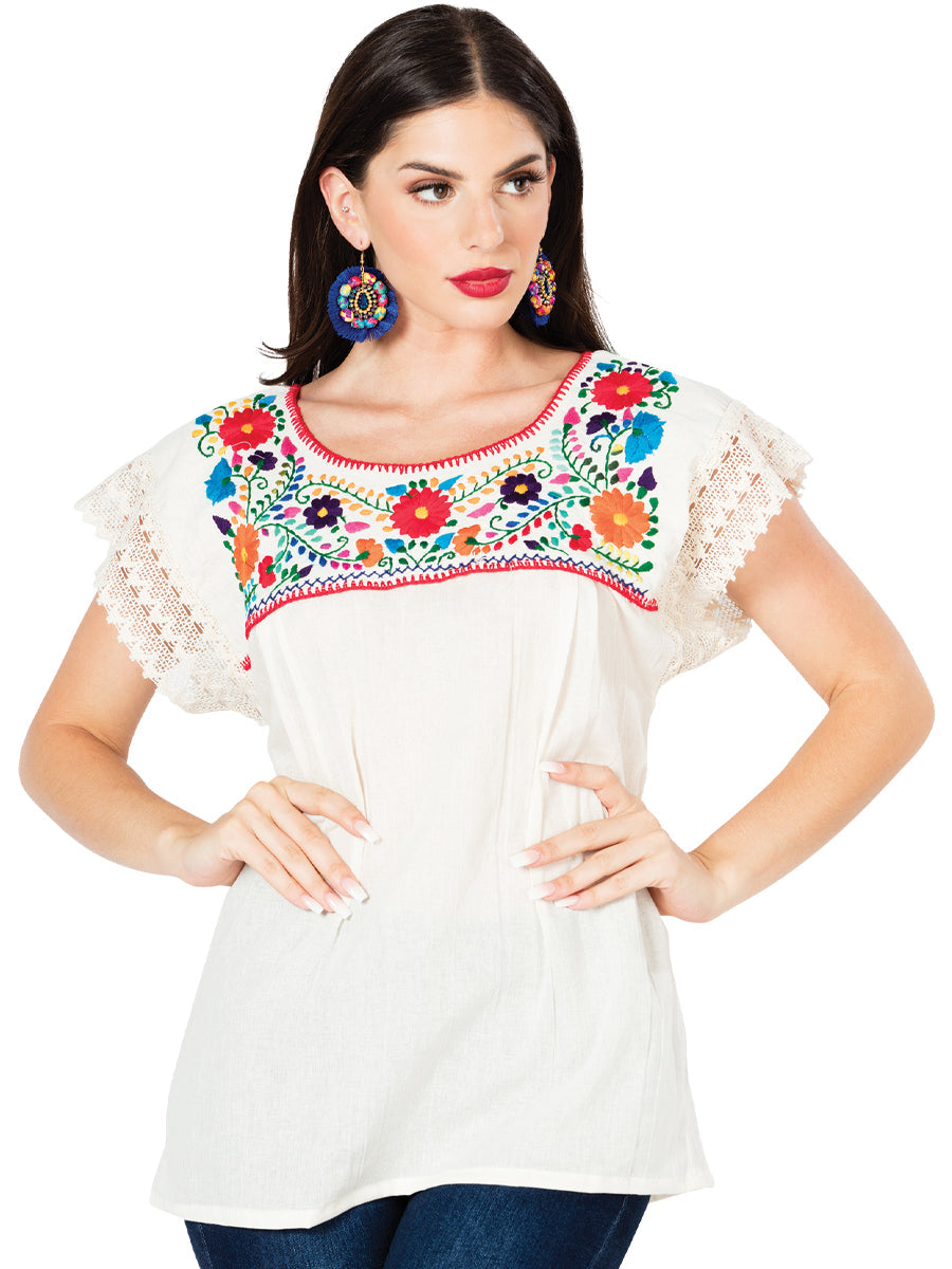 Blusa Artesanal Puebla de Encaje Bordada de Flores para Mujer Blusas Artesanales Mexico Artesanal Beige