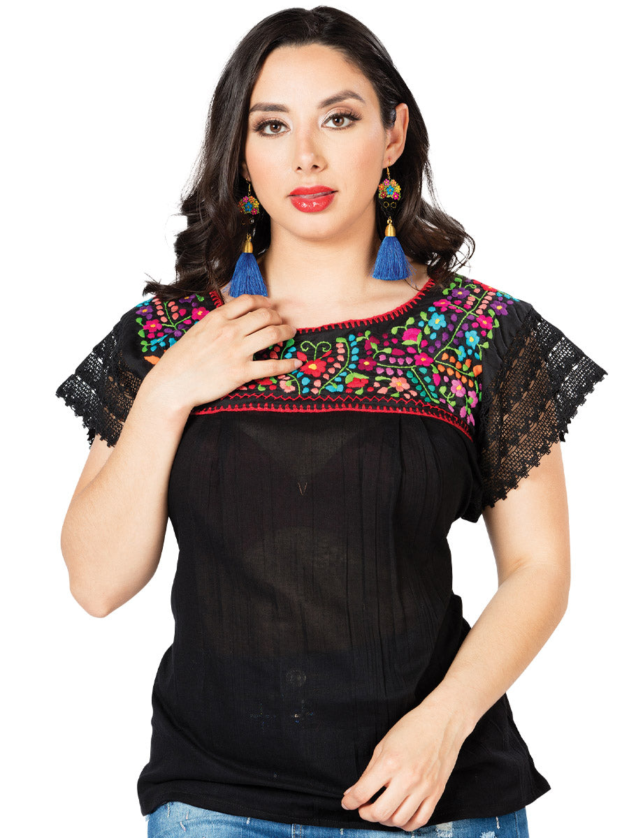 Blusa Artesanal Puebla de Encaje Bordada de Flores para Mujer Blusas Artesanales Mexico Artesanal Black