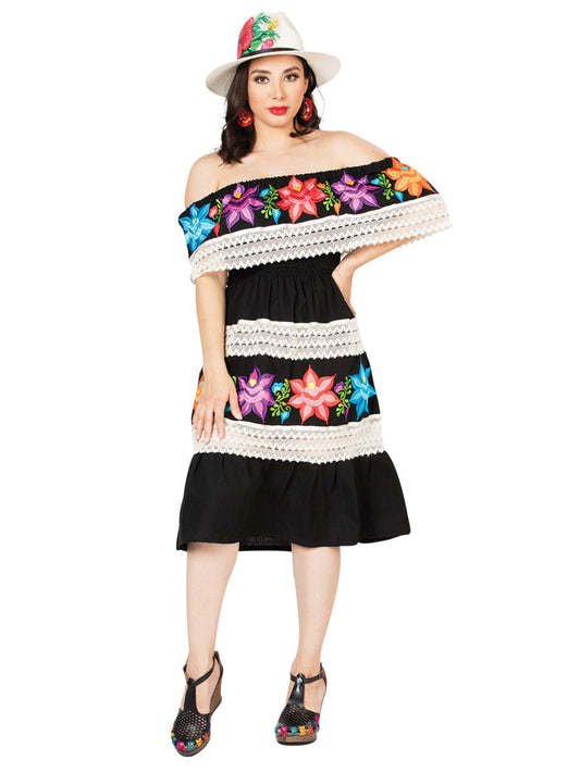 Vestido Artesanal de Olan Bordado de Flores para Mujer Handmade Dress Mexico Artesanal Black