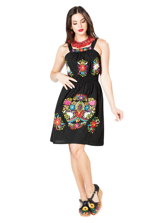 Vestido Artesanal de Tirantes Bordado de Flores para Mujer Handmade Dress Mexico Artesanal Black