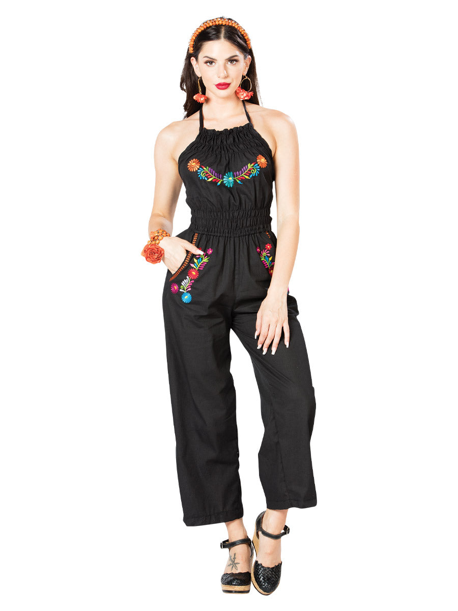 Palazzo Jumpsuit Artesanal Bordado de Flores para Mujer Jumpsuits Artesanales Mexico Artesanal Black