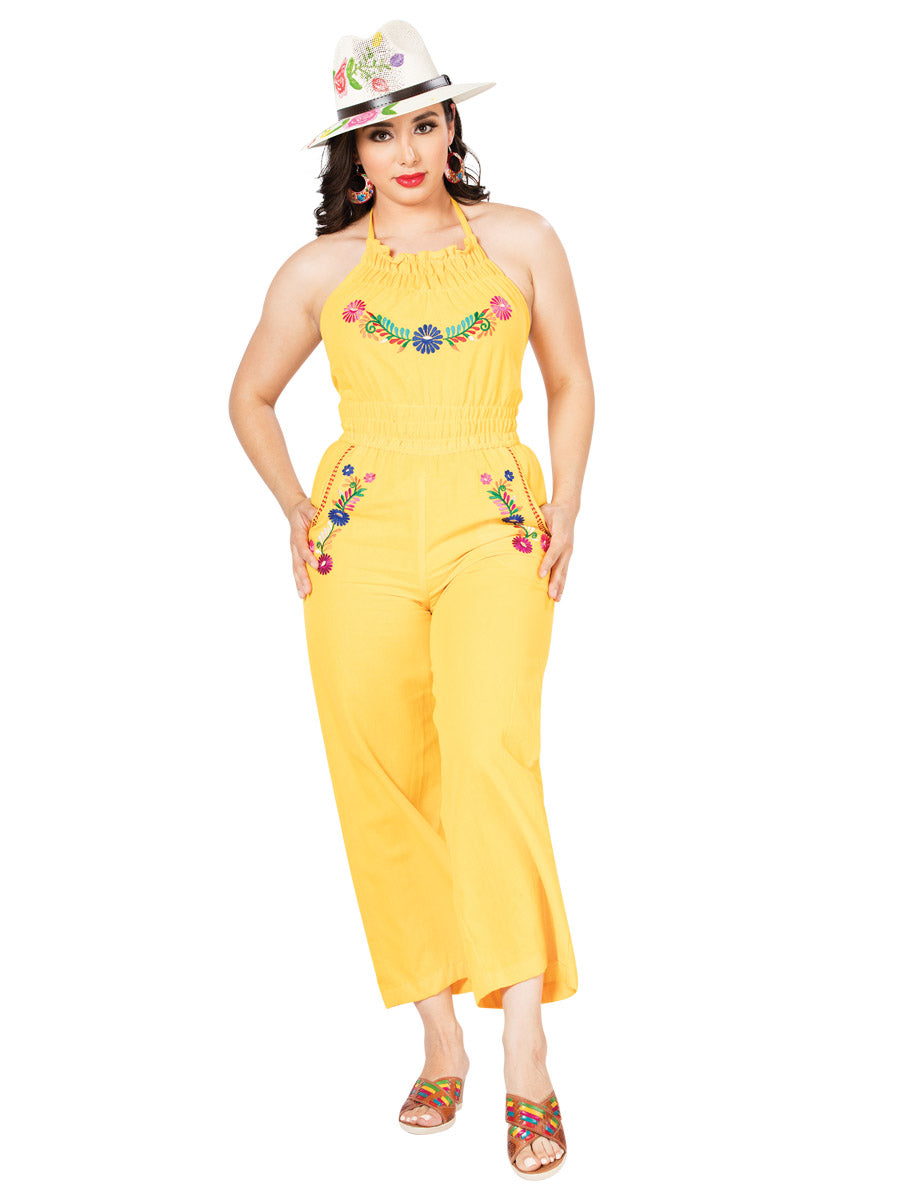 Palazzo Jumpsuit Artesanal Bordado de Flores para Mujer Jumpsuits Artesanales Mexico Artesanal Yellow