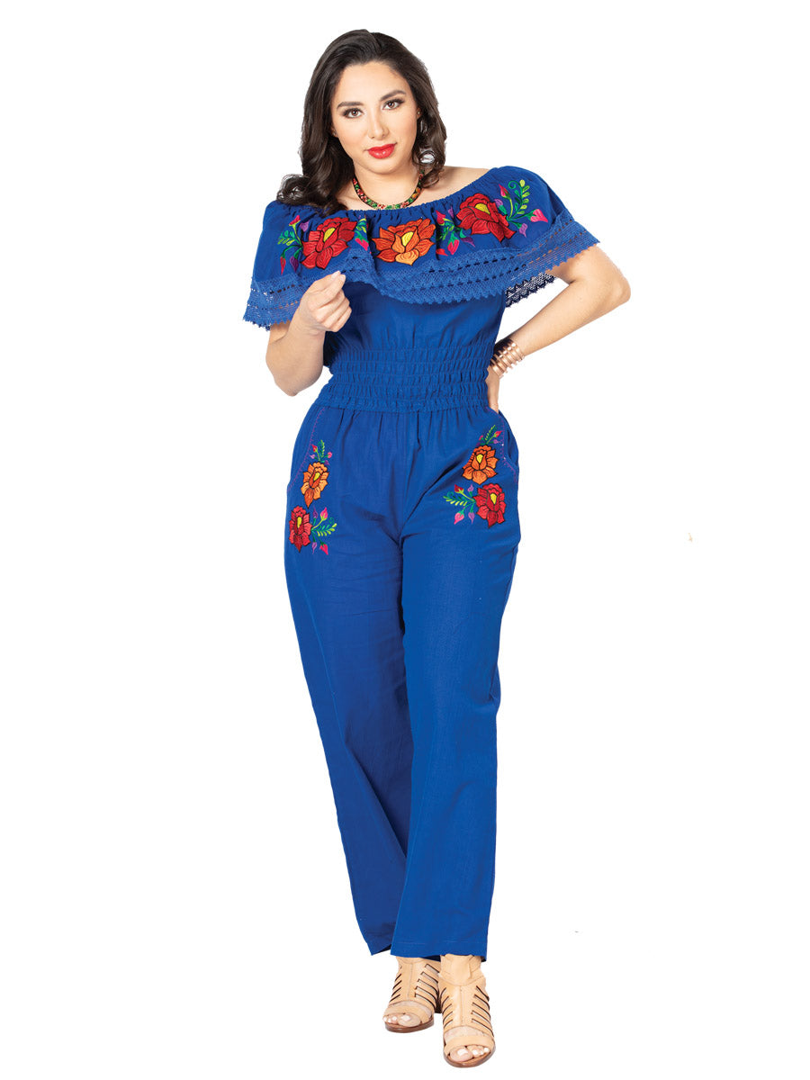 Palazzo Jumpsuit Artesanal Bordado de Flores para Mujer Jumpsuits Artesanales Mexico Artesanal Royal Blue