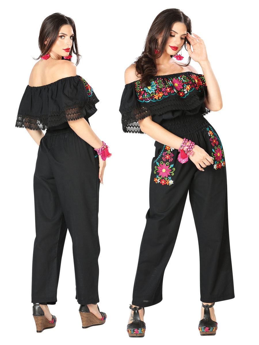 Palazzo Jumpsuit Artesanal Bordado de Flores para Mujer Jumpsuits Artesanales Mexico Artesanal Black