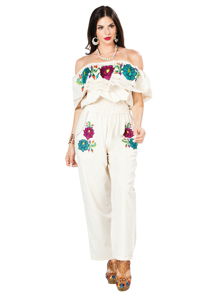 Palazzo Jumpsuit Artesanal Bordado de Flores para Mujer Jumpsuits Artesanales Mexico Artesanal Beige