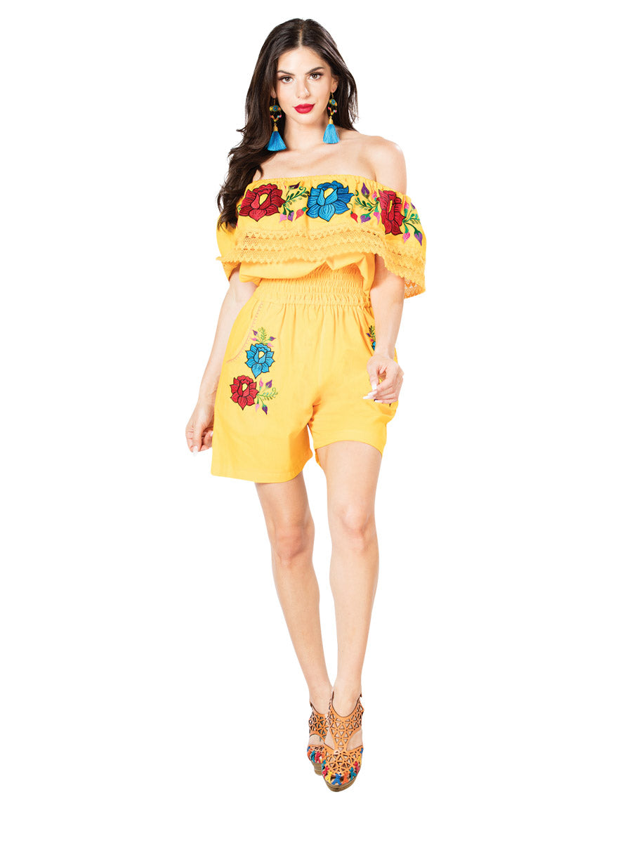 Short Jumpsuit Artesanal Bordado de Flores para Mujer Jumpsuits Artesanales Mexico Artesanal Yellow