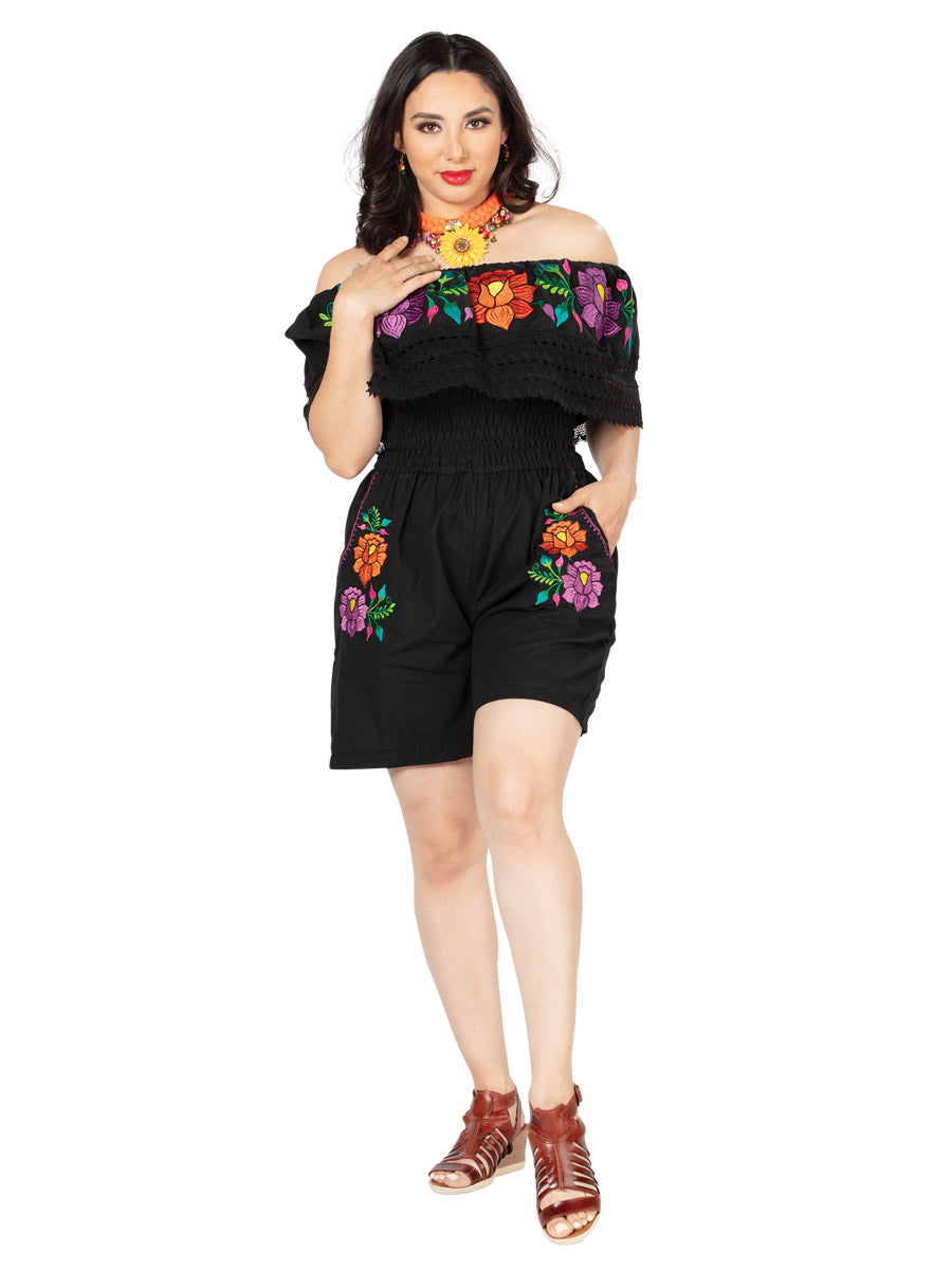 Short Jumpsuit Artesanal Bordado de Flores para Mujer Jumpsuits Artesanales Mexico Artesanal Black