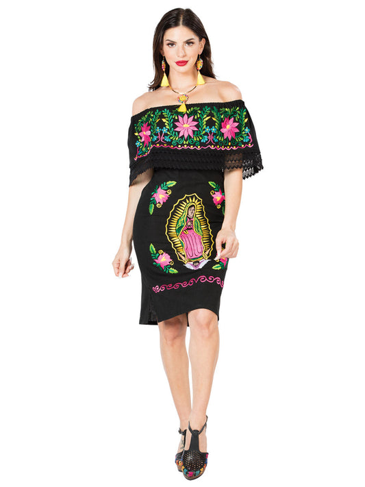 Vestido Artesanal de Olan Bordado de Flores y Virgen de Guadalupe para Mujer Handmade Dress Mexico Artesanal Black