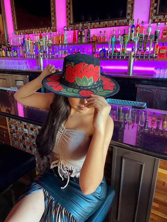 Sombrero Artesanal Floral Pintado a Mano de Piel Gamuza para Mujer 'Mexico Artesanal' - ID: 603719 Artisan Hat Mexico Artesanal 