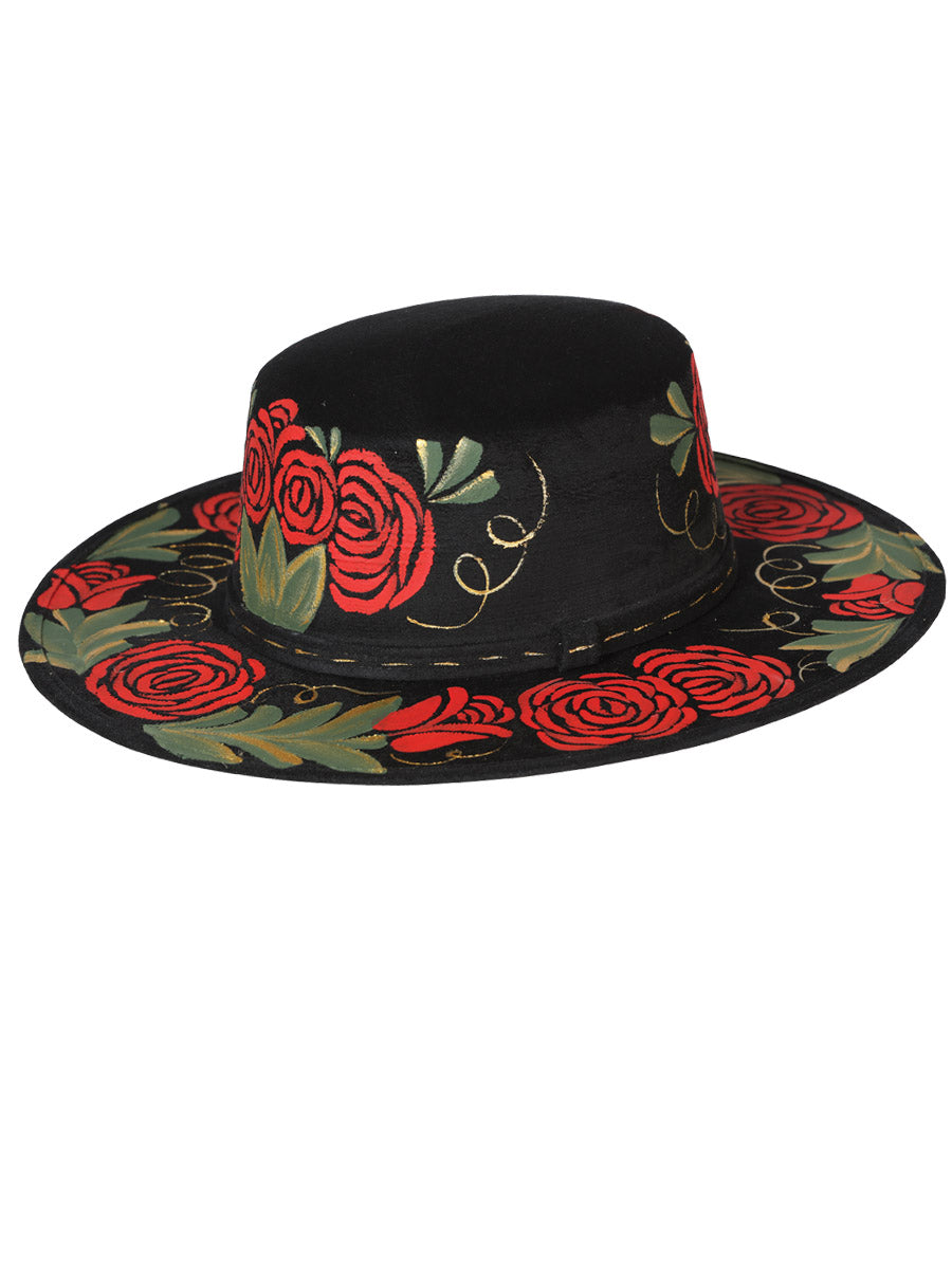 Sombrero Artesanal Floral Pintado a Mano de Piel Gamuza para Mujer 'Mexico Artesanal' - ID: 603719 Artisan Hat Mexico Artesanal Negro