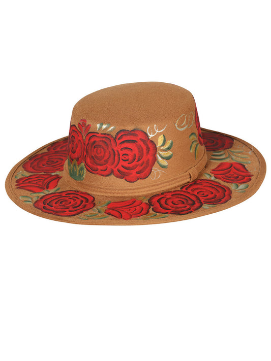 Sombrero Artesanal Floral Pintado a Mano de Piel Gamuza para Mujer 'Mexico Artesanal' - ID: 603721 Sombreros Artesanales Mexico Artesanal Camel