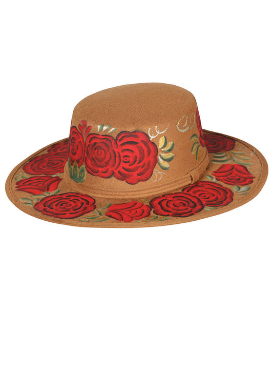 Sombrero Artesanal Floral Pintado a Mano de Piel Gamuza para Mujer 'Mexico Artesanal' - ID: 603721 Artisan Hat Mexico Artesanal Camel