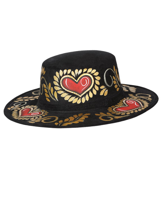 Sombrero Artesanal Floral Pintado a Mano de Piel Gamuza para Mujer 'Mexico Artesanal' - ID: 603722 Artisan Hat Mexico Artesanal Negro