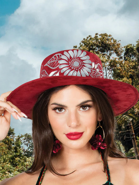 Sombrero Artesanal Floral Pintado a Mano de Piel Gamuza para Mujer 'Mexico Artesanal' - ID: 603727 Artisan Hat Mexico Artesanal 