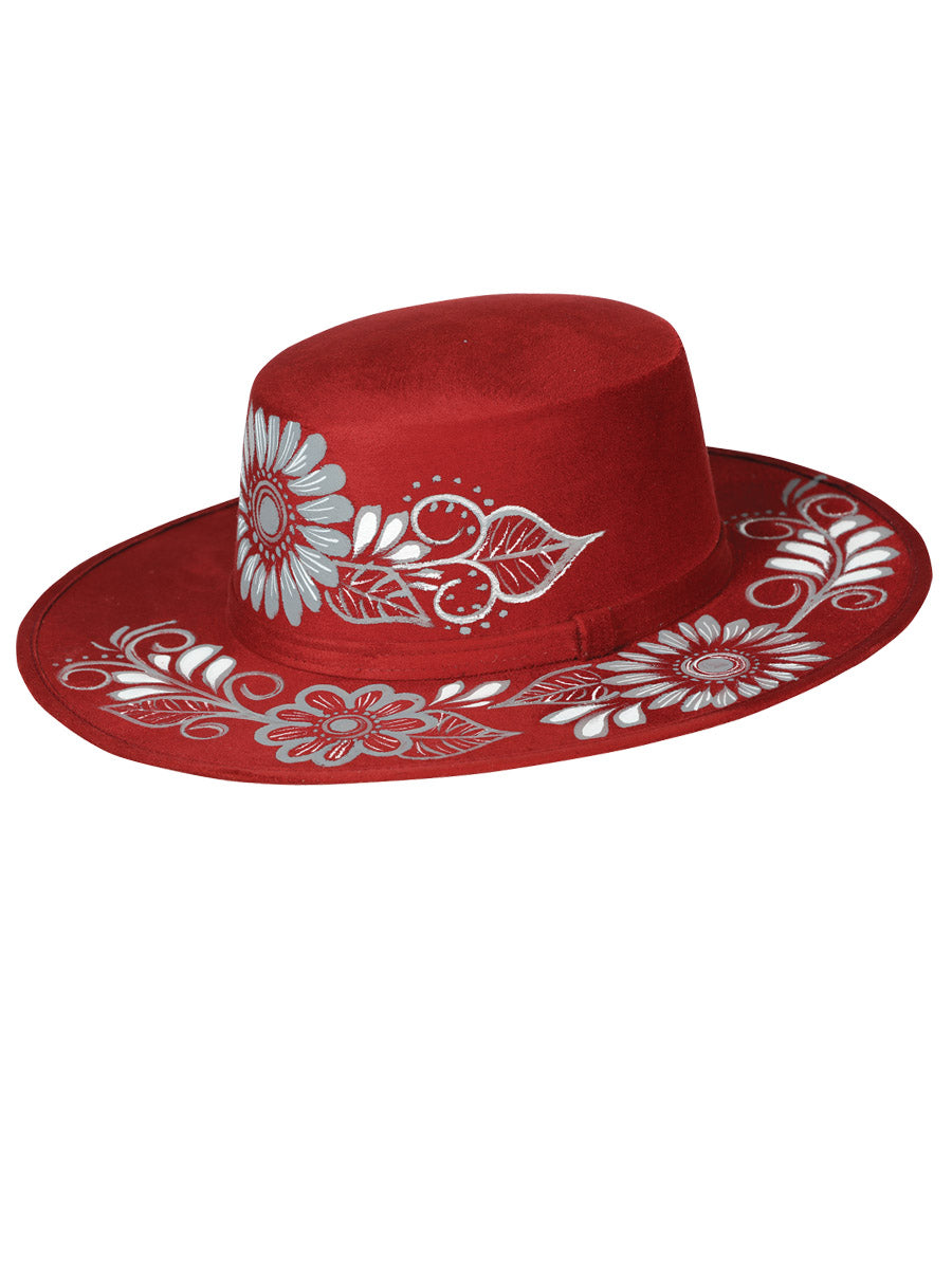Sombrero Artesanal Floral Pintado a Mano de Piel Gamuza para Mujer 'Mexico Artesanal' - ID: 603727 Artisan Hat Mexico Artesanal Wine