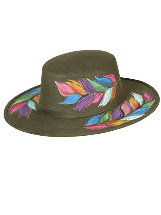 Sombrero Artesanal Hojas de Colores Pintado a Mano de Piel Gamuza para Mujer 'Mexico Artesanal' - ID: 603730 Artisan Hat Mexico Artesanal Olivo