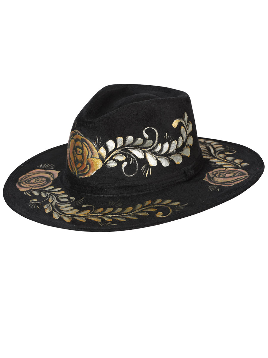 Sombrero Artesanal Floral Pintado a Mano de Piel Gamuza para Mujer 'Mexico Artesanal' - ID: 603737 Artisan Hat Mexico Artesanal Negro