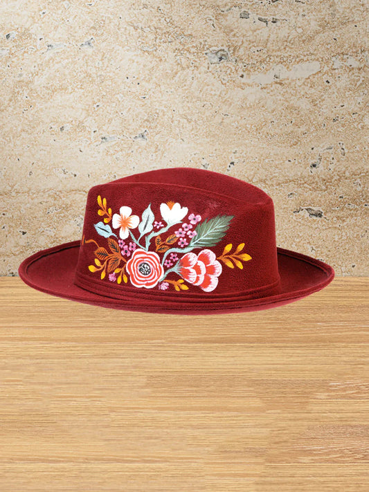 Sombrero Artesanal Floral Pintado a Mano Ala Corta de Piel Gamuza para Mujer 'Mexico Artesanal' - ID: 603821 Sombreros Artesanales Mexico Artesanal 