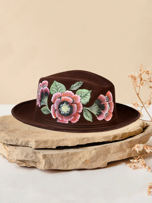 Sombrero Artesanal Floral Pintado a Mano Ala Corta de Piel Gamuza para Mujer 'Mexico Artesanal' - ID: 603822 Sombreros Artesanales Mexico Artesanal Cafe